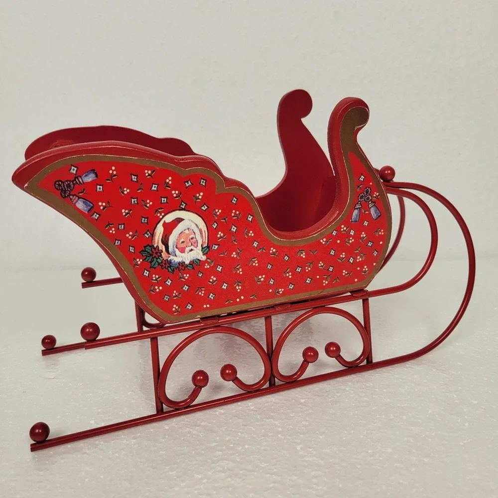 VTG 80s 90s Santa Sleigh Red Wood & Metal Scroll Retro Christmas Decoration 10